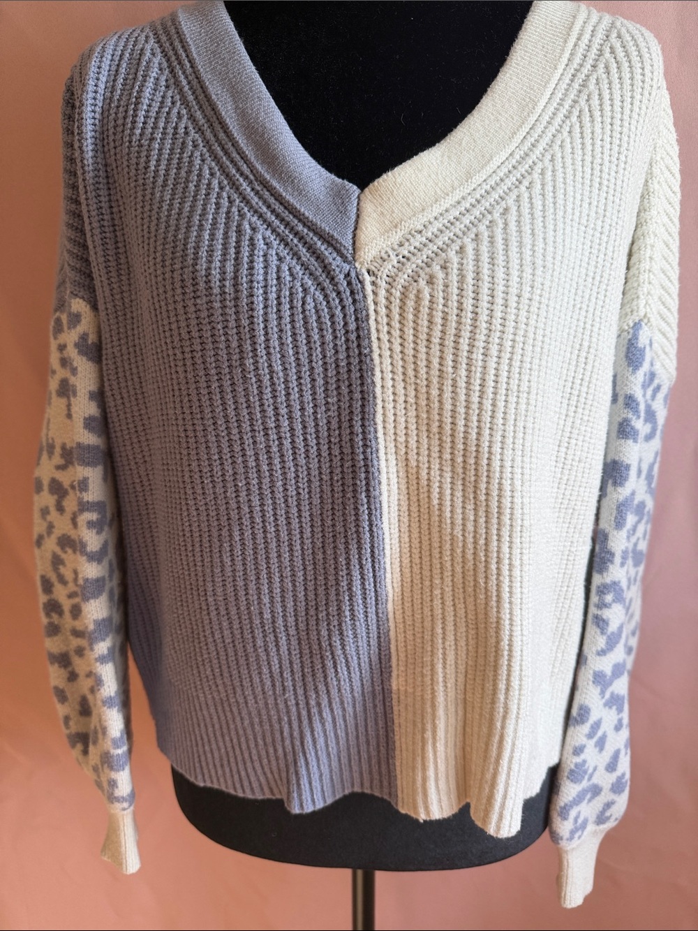 miami Two-Tone Blue and Cream V-Neck Sweater with Leopard-Print Sleeves
